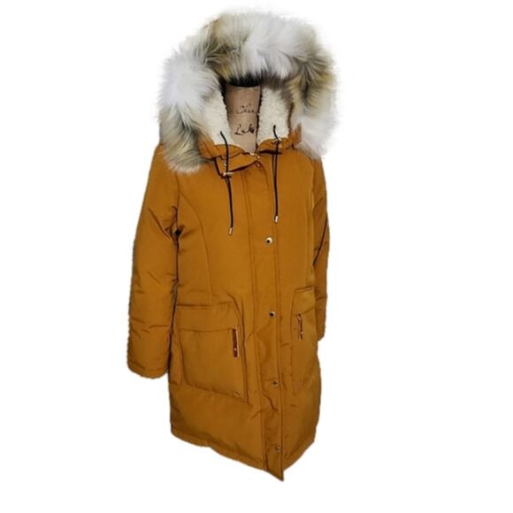 Sam Edelman Jackets & Blazers - Sam Edelman Spicy Mustard Faux Fur Hooded‎ Long Parka Size Large New!